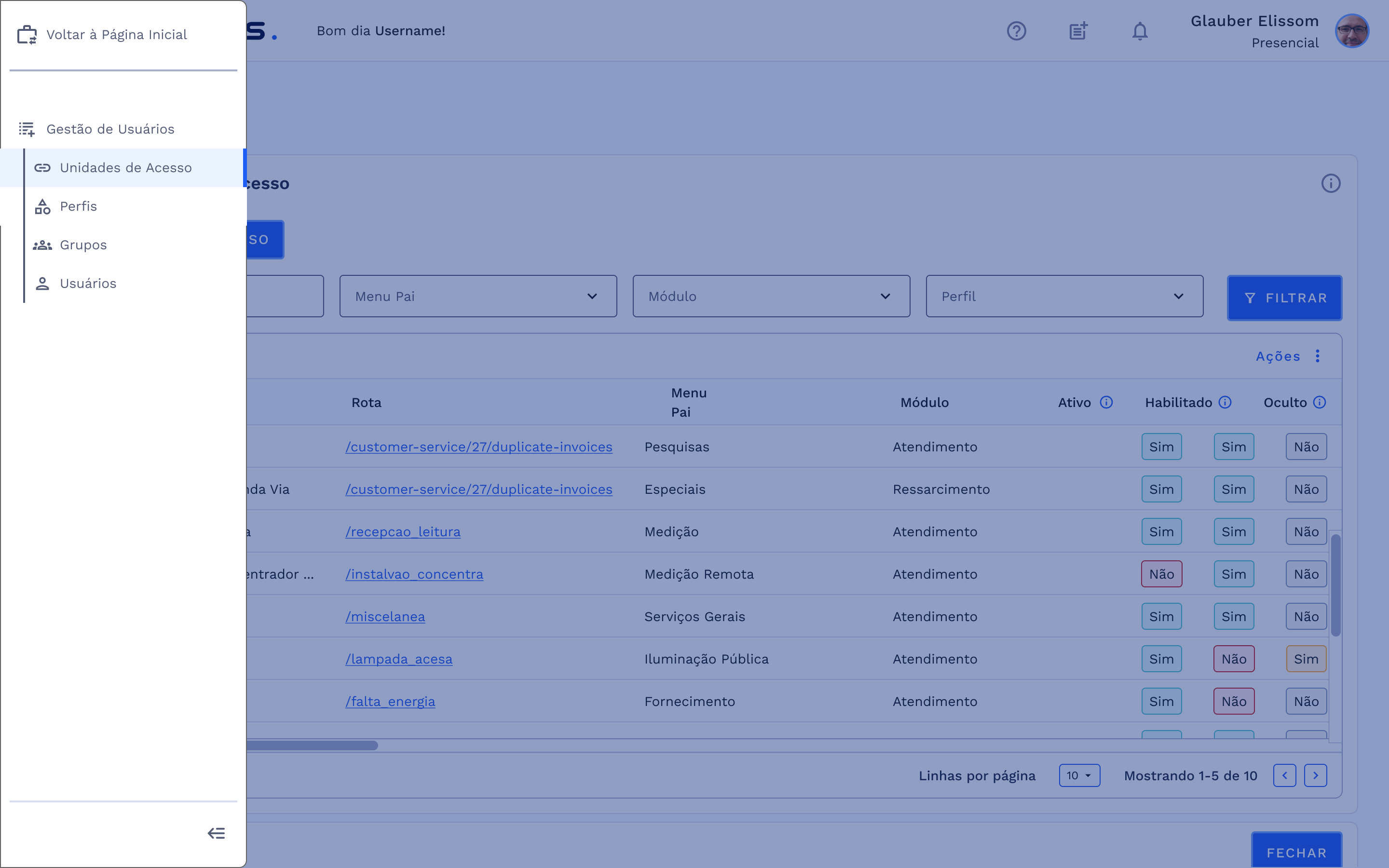 Menu: Gestão de Usuários – Unidades de Acesso