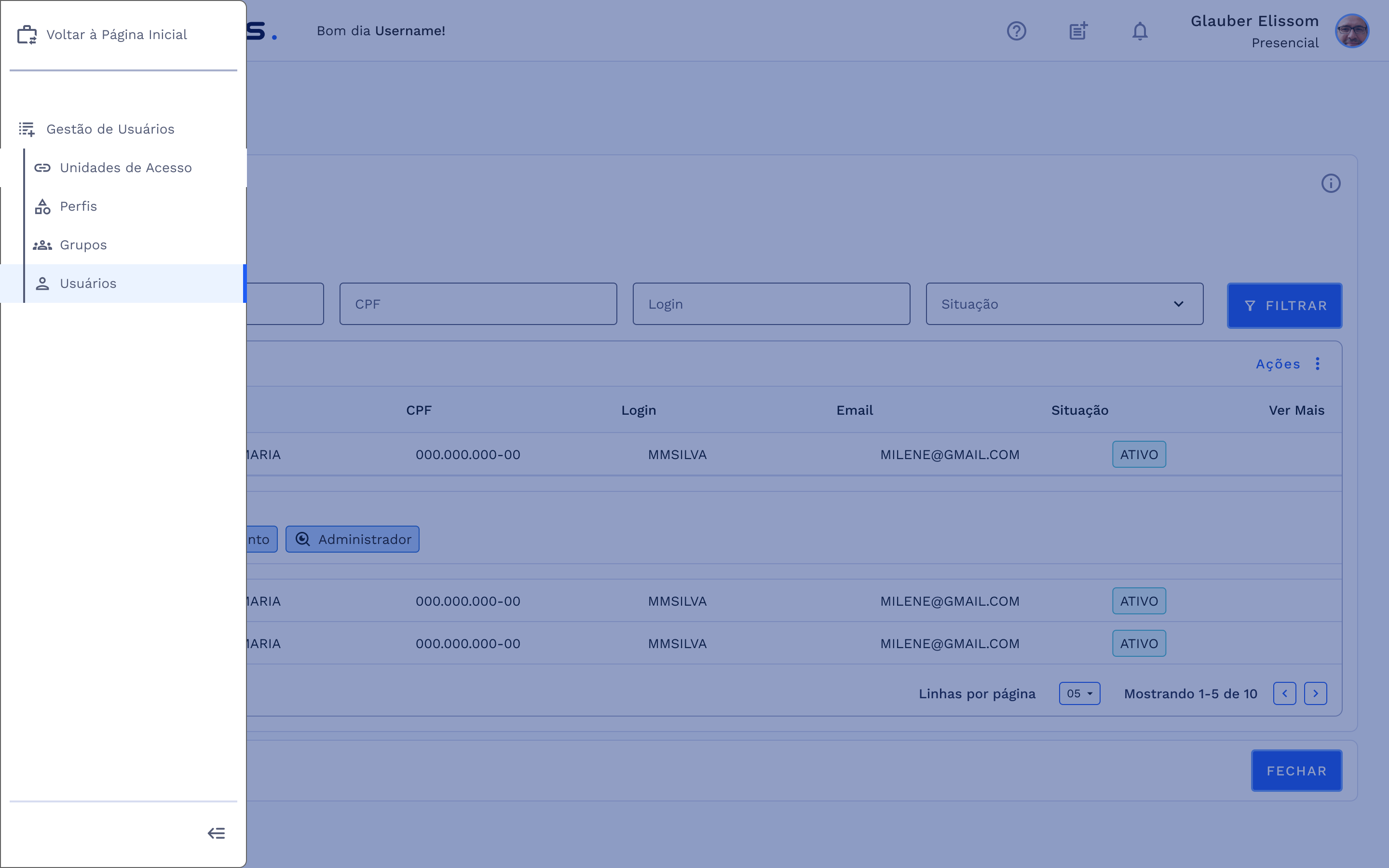 Menu: Gestão de Usuários – Usuários