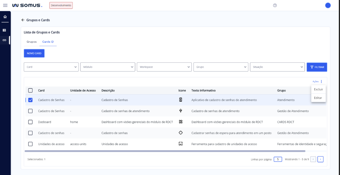 Ações: Editar e Excluir