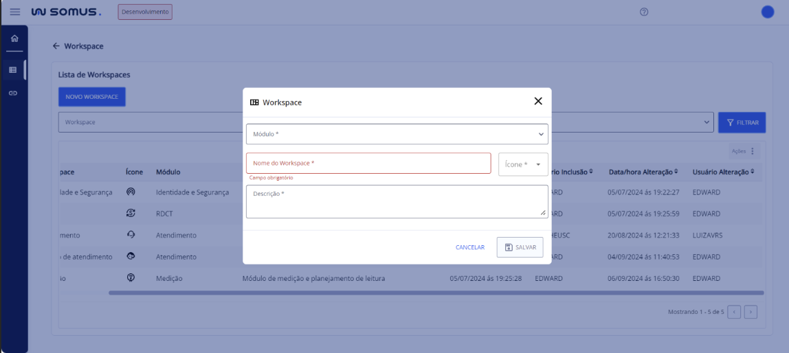 Tela de Cadastro Workspace