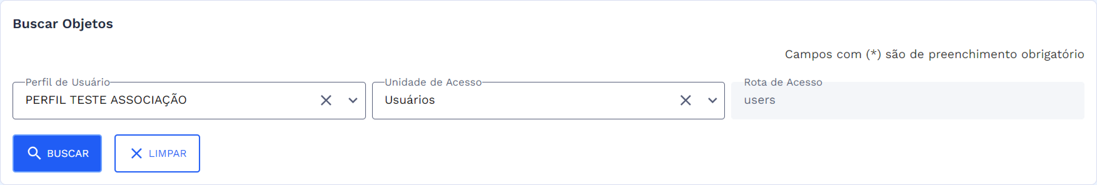 Busca Perfil e Unidade selecionados