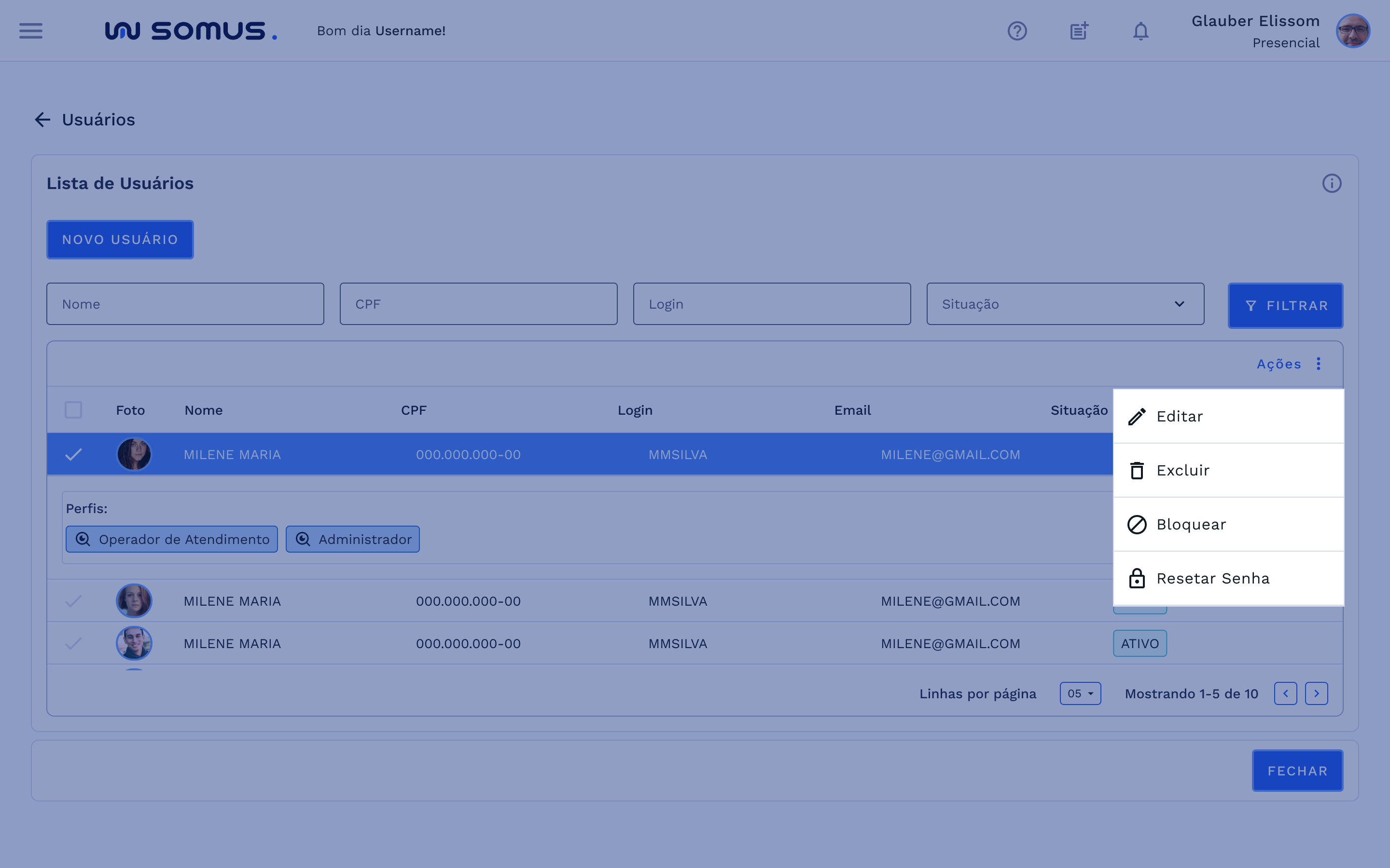 Ações disponíveis: Editar, Excluir, Bloquear e Resetar senha
