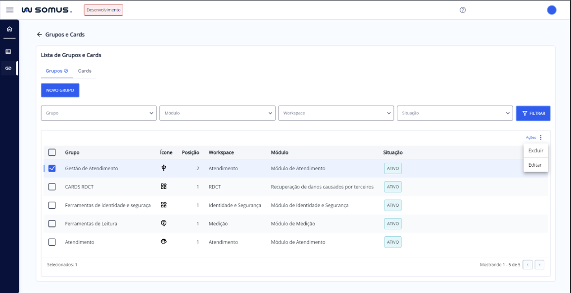 Ações: Editar e Excluir